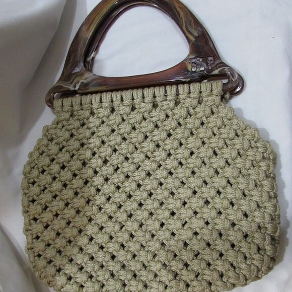 WOVEN BROWN PURSE ACCENT CRAFTS VINTAGE LUCITE HANDLES - Picture 1 of 8